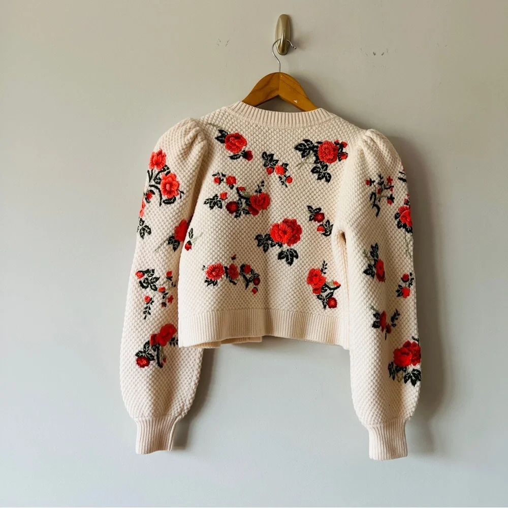 Alice + Olivia Kitty Floral Puff Sleeve Bow Tie Cardigan Sweater Size XS​